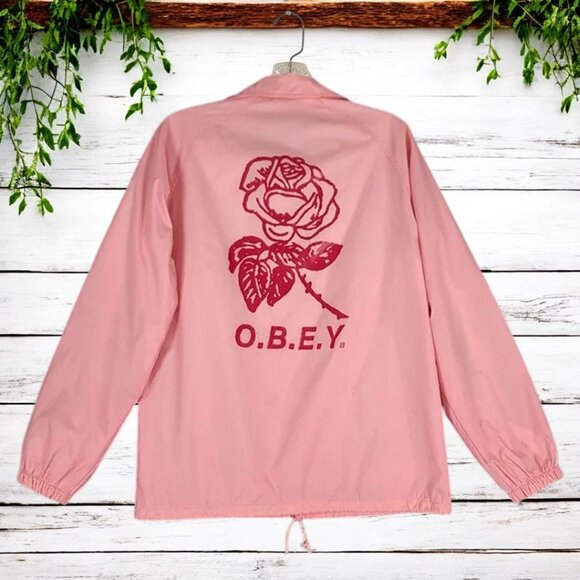 Obey Defiant Rose Pink Button Up Hooded Coach Windbreaker Size Medium - Picture 3 of 8